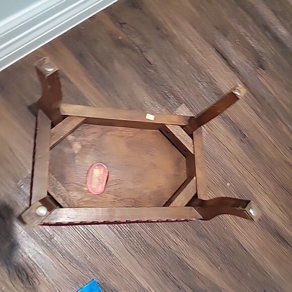 Antique Victorian Needlepoint Floral Footstool Foot Rest Wood Legs Maroon Roses - Picture 4 of 13